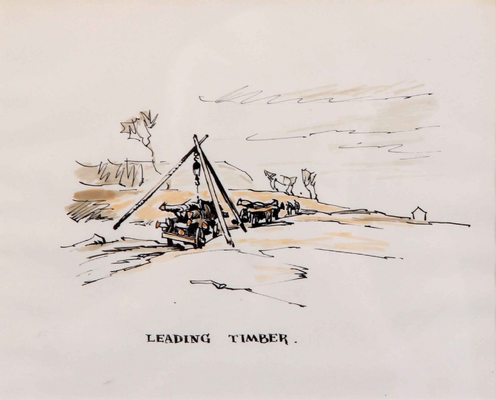An ink and sepia watercolour sketch titled Leading Timber, depicting workers with horses and a tripod hoist in a rural landscape.