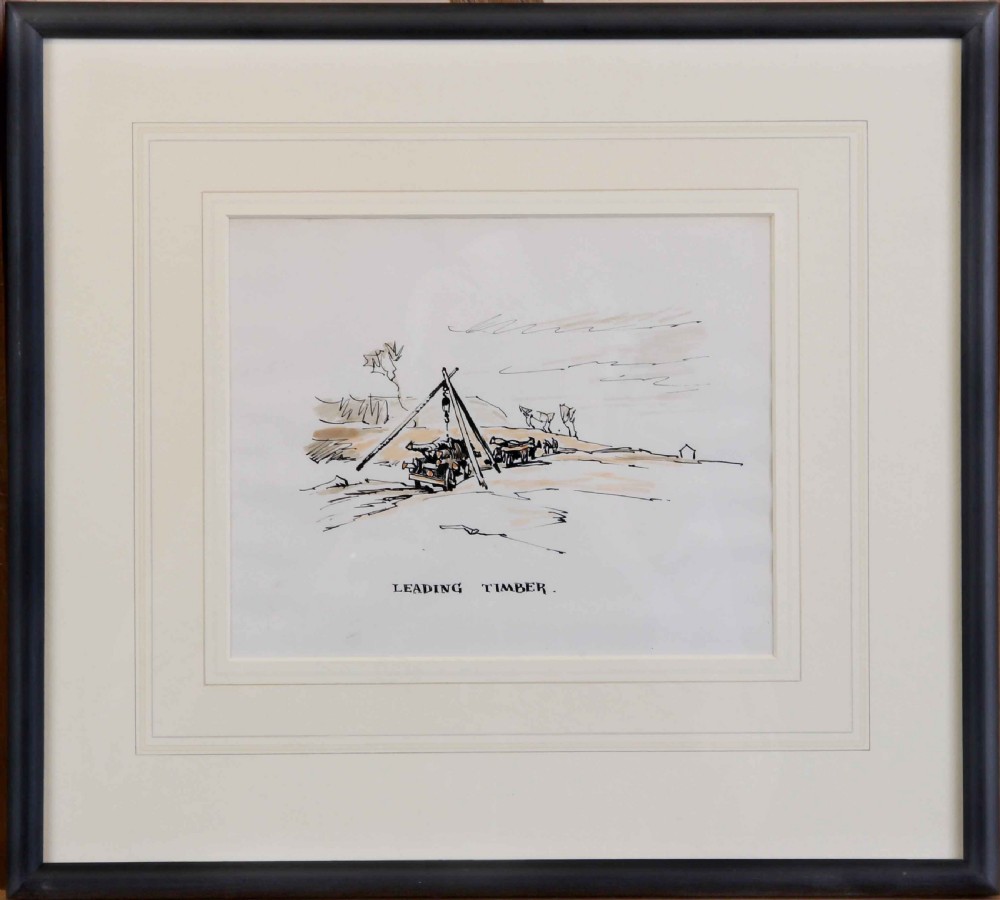An ink and sepia watercolour sketch titled Leading Timber, depicting workers with horses and a tripod hoist in a rural landscape. View II
