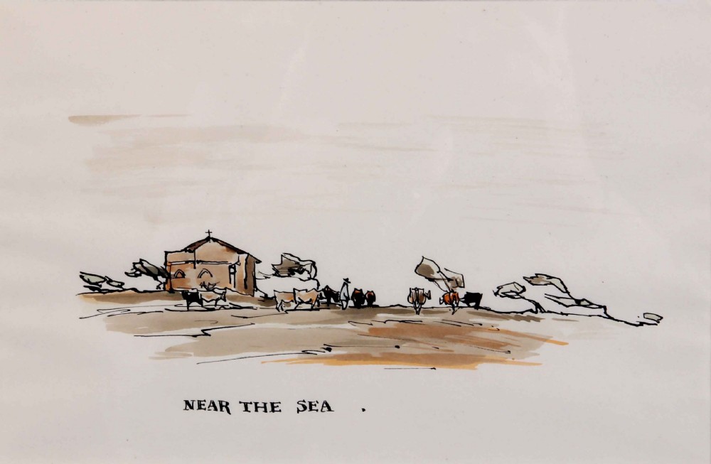 A pen and watercolour landscape drawing titled Near The Sea, depicting cattle and figures near a small building on a windswept coast.