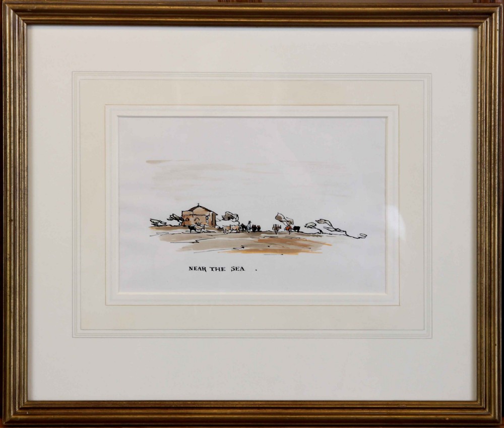 A pen and watercolour landscape drawing titled Near The Sea, depicting cattle and figures near a small building on a windswept coast. View II