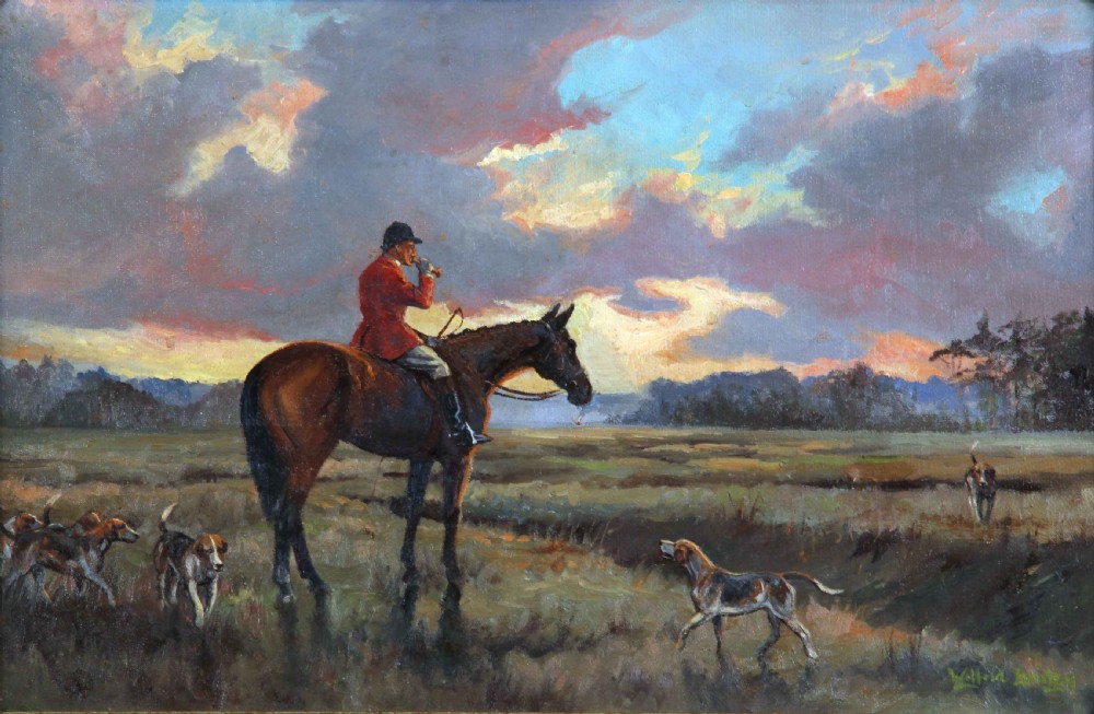 An antique oil painting depicting a huntsman in a scarlet coat on a bay horse surrounded by hounds in an open landscape under a dramatic sky.