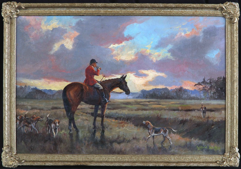 An antique oil painting depicting a huntsman in a scarlet coat on a bay horse surrounded by hounds in an open landscape under a dramatic sky. View II