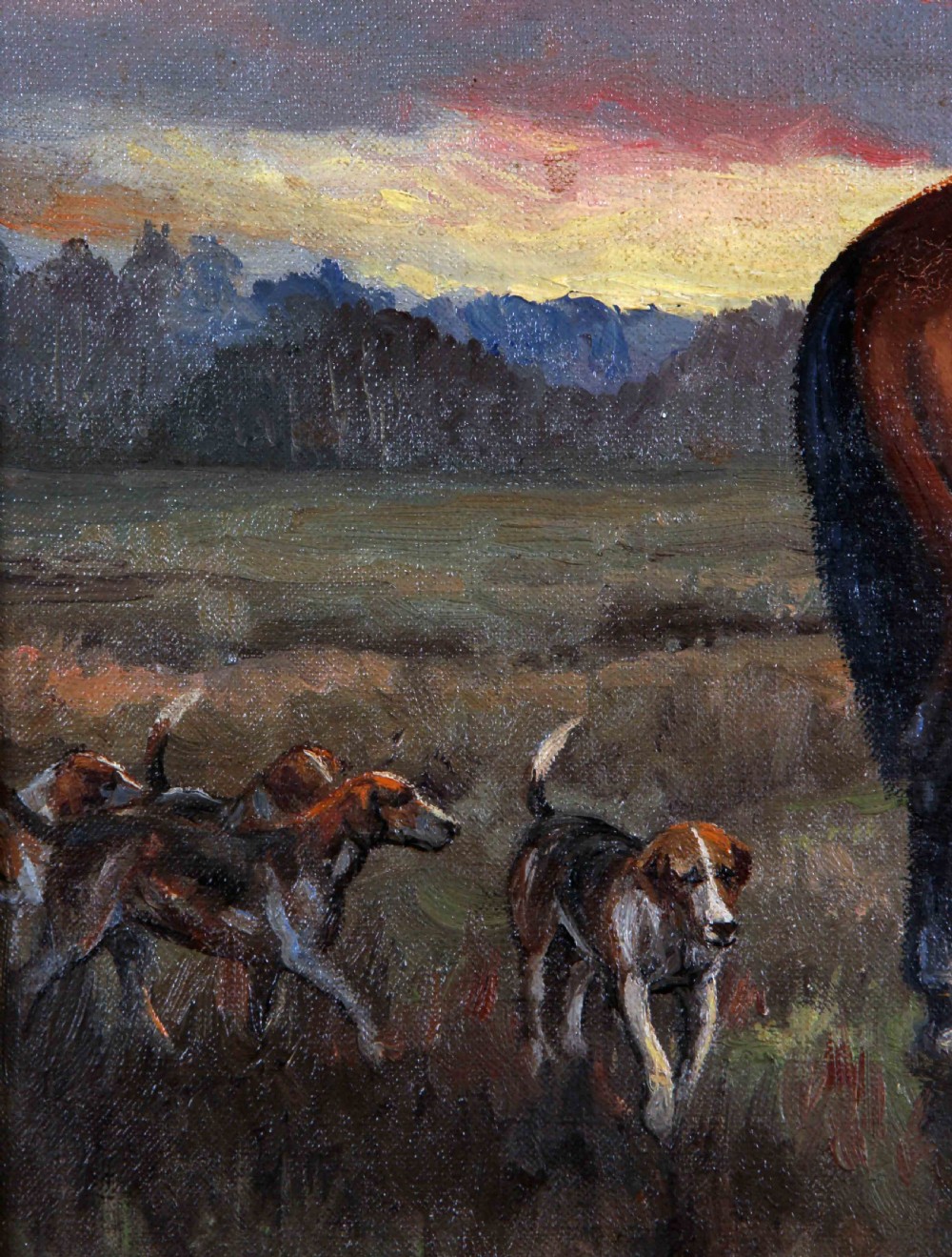 An antique oil painting depicting a huntsman in a scarlet coat on a bay horse surrounded by hounds in an open landscape under a dramatic sky. View IV