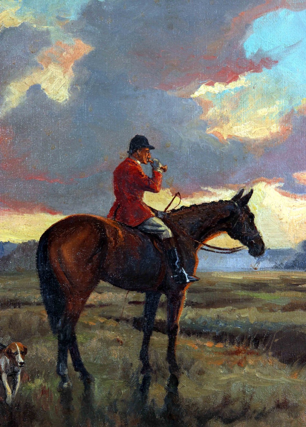 An antique oil painting depicting a huntsman in a scarlet coat on a bay horse surrounded by hounds in an open landscape under a dramatic sky. View V