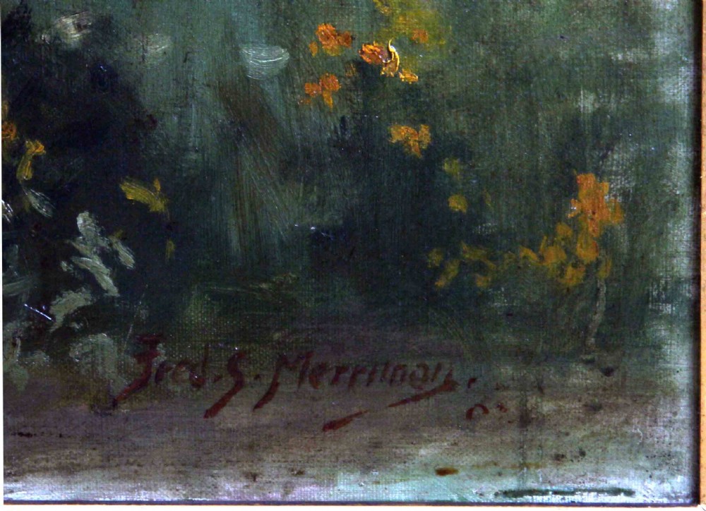 A large landscape oil painting depicting an open garden gate set in a red brick wall leading to a country house, rendered in soft green, pink, and earthy tones within a carved gilded frame. View III