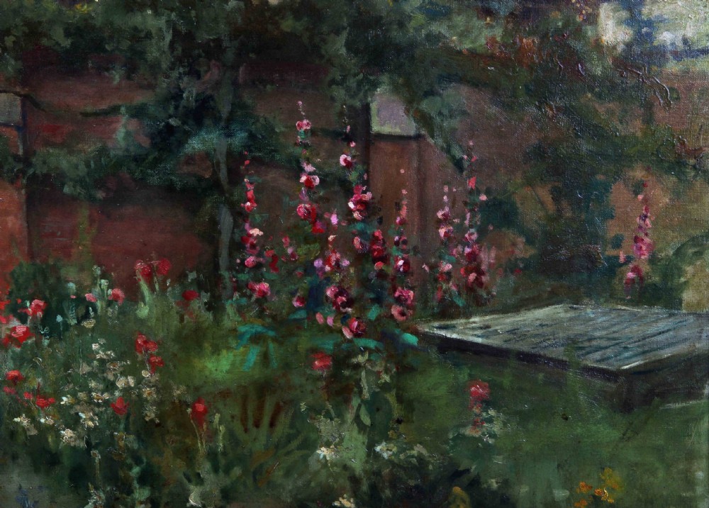 A large landscape oil painting depicting an open garden gate set in a red brick wall leading to a country house, rendered in soft green, pink, and earthy tones within a carved gilded frame. View IV
