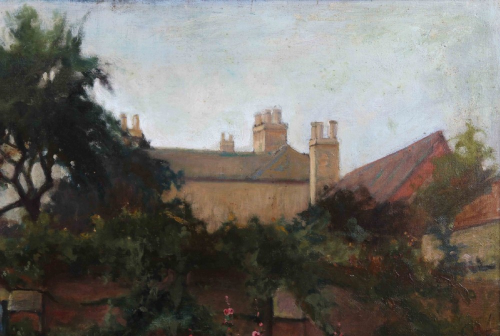 A large landscape oil painting depicting an open garden gate set in a red brick wall leading to a country house, rendered in soft green, pink, and earthy tones within a carved gilded frame. View V