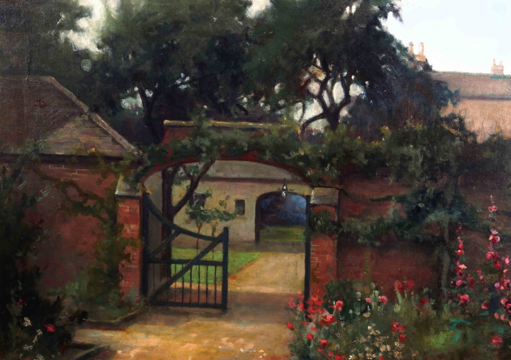 A large landscape oil painting depicting an open garden gate set in a red brick wall leading to a country house, rendered in soft green, pink, and earthy tones within a carved gilded frame. View VI