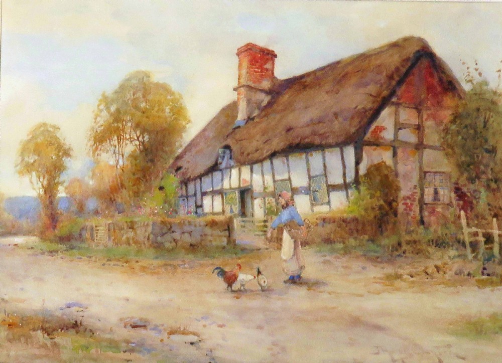 A watercolour painting depicting a figure feeding chickens on a dirt path beside a thatched timber-framed cottage.