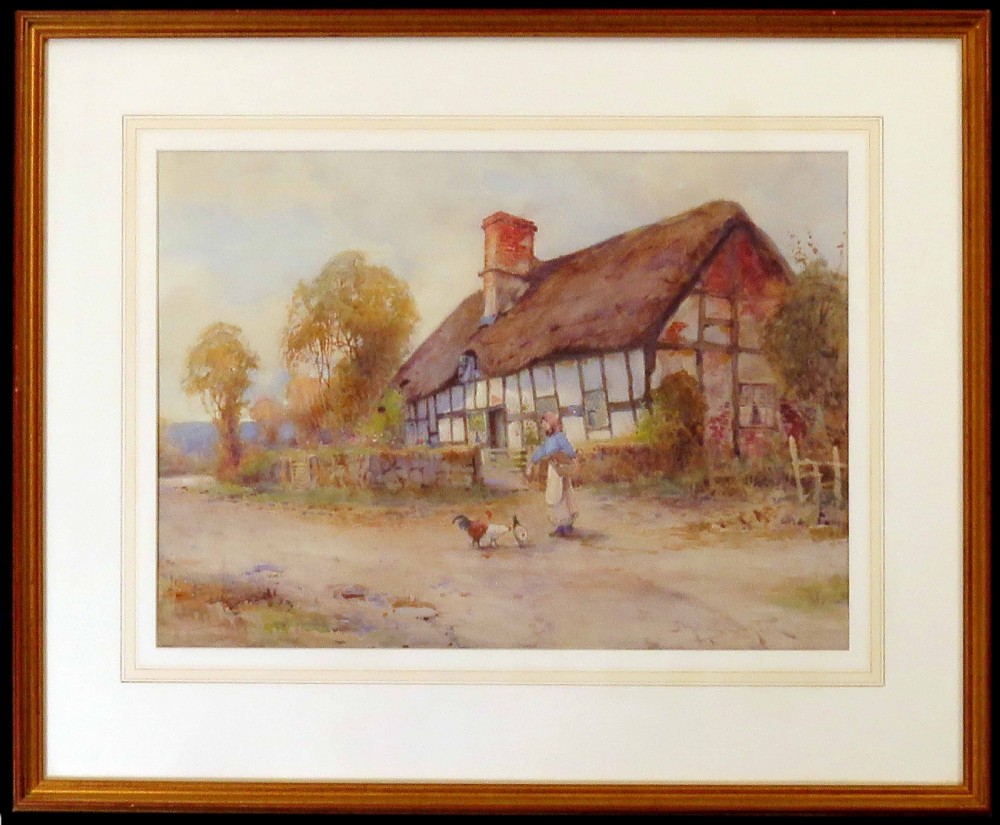 A watercolour painting depicting a figure feeding chickens on a dirt path beside a thatched timber-framed cottage. View II