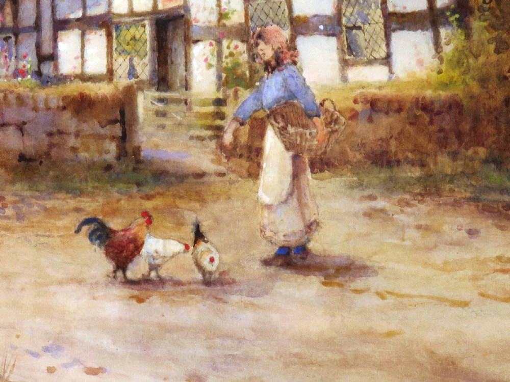 A watercolour painting depicting a figure feeding chickens on a dirt path beside a thatched timber-framed cottage. View IV
