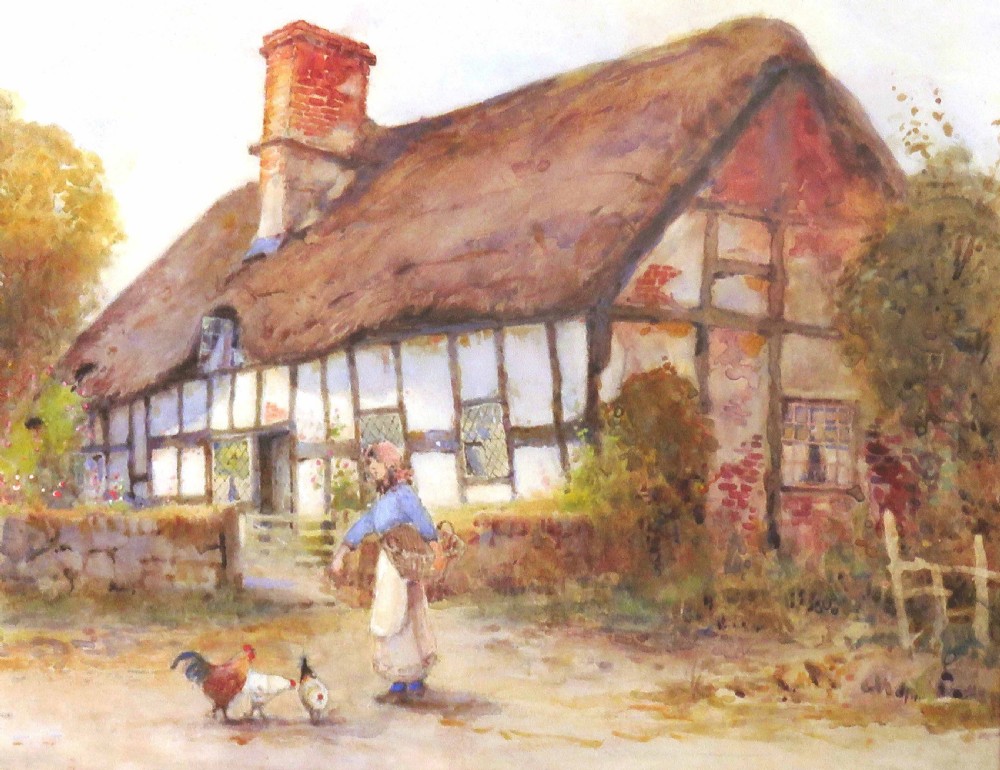 A watercolour painting depicting a figure feeding chickens on a dirt path beside a thatched timber-framed cottage. View V