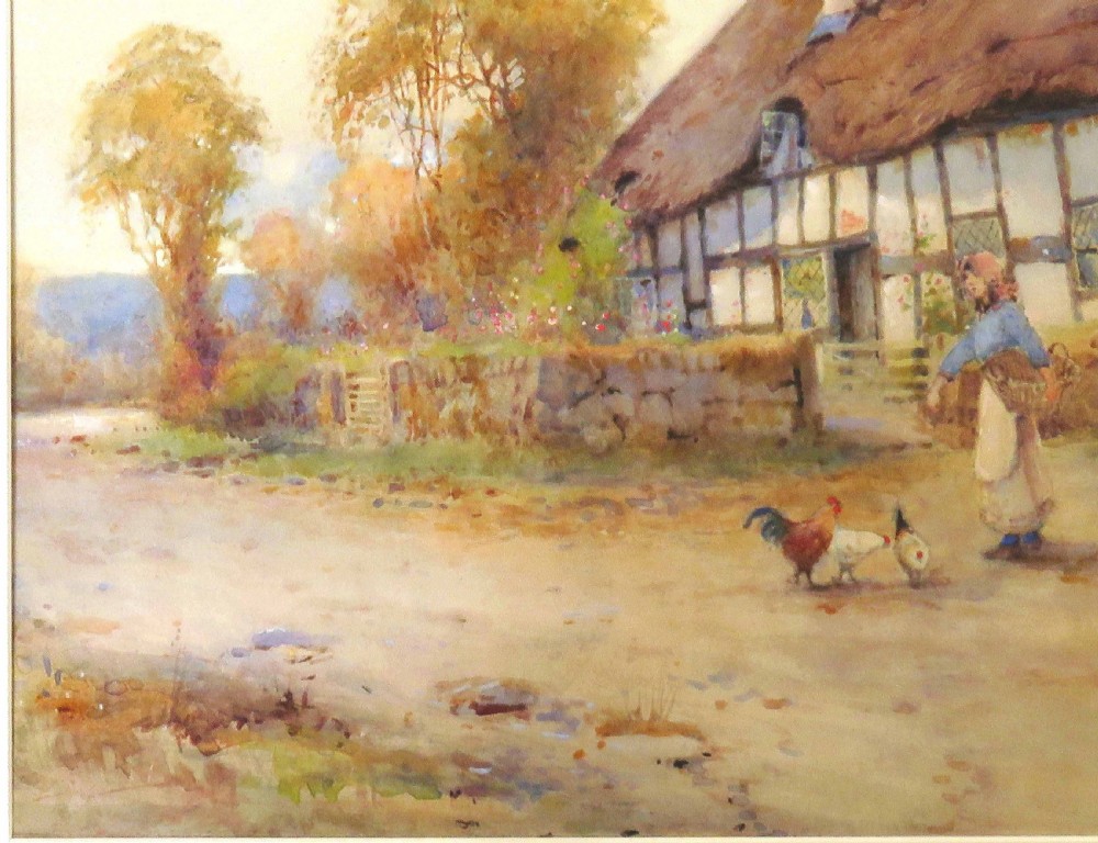 A watercolour painting depicting a figure feeding chickens on a dirt path beside a thatched timber-framed cottage. View VI