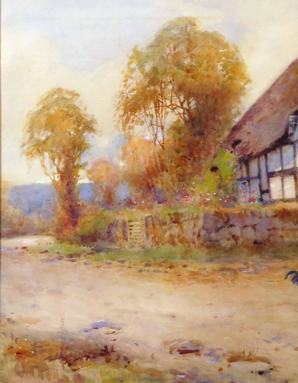 A watercolour painting depicting a figure feeding chickens on a dirt path beside a thatched timber-framed cottage. View VII
