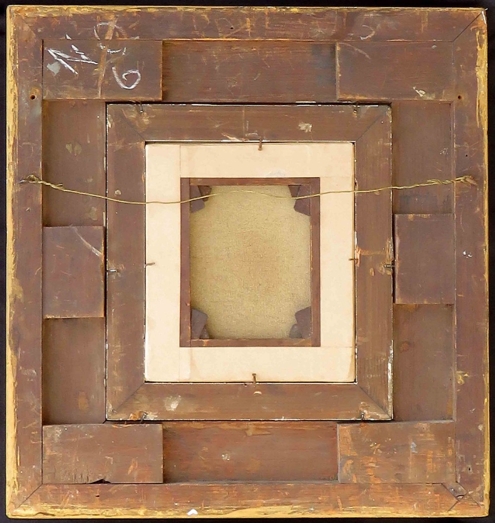 An oil portrait on board depicting a young boy with dark curly hair in traditional attire, framed in a heavily moulded gold gilt frame. View IV
