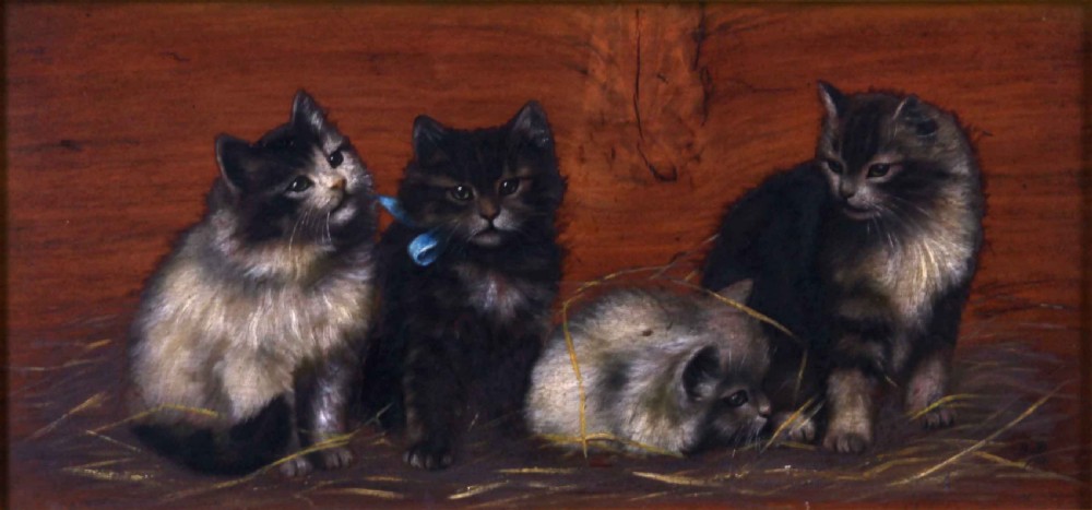 A horizontal oil painting depicting four fluffy kittens resting on straw against a wooden background, set within a heavily carved gilt frame. View II