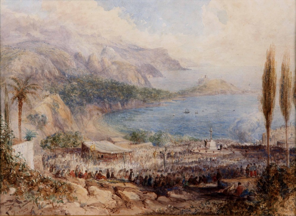A detailed 19th-century watercolour painting depicting an elevated coastal landscape view of San Remo with a gathering of figures in the foreground.