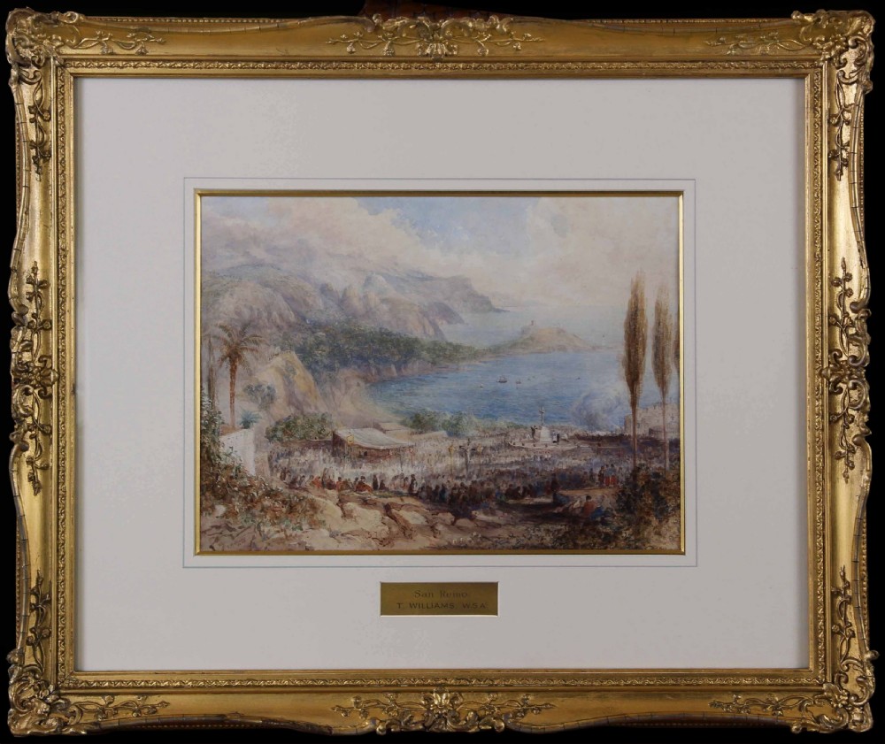 A detailed 19th-century watercolour painting depicting an elevated coastal landscape view of San Remo with a gathering of figures in the foreground. View II