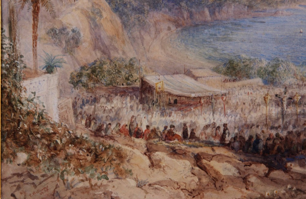 A detailed 19th-century watercolour painting depicting an elevated coastal landscape view of San Remo with a gathering of figures in the foreground. View III