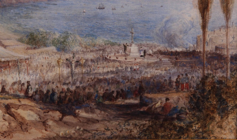 A detailed 19th-century watercolour painting depicting an elevated coastal landscape view of San Remo with a gathering of figures in the foreground. View IV