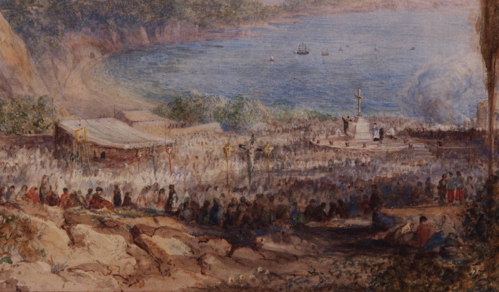 A detailed 19th-century watercolour painting depicting an elevated coastal landscape view of San Remo with a gathering of figures in the foreground. View V