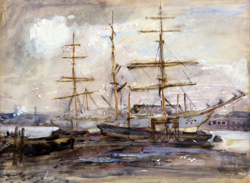 An Edwardian watercolour painting depicting masted sailing ships docked along the shoreline at Yarmouth harbour, rendered in muted sepia and grey tones.