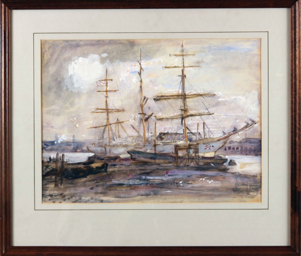 An Edwardian watercolour painting depicting masted sailing ships docked along the shoreline at Yarmouth harbour, rendered in muted sepia and grey tones. View II