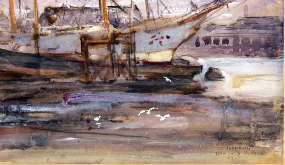 An Edwardian watercolour painting depicting masted sailing ships docked along the shoreline at Yarmouth harbour, rendered in muted sepia and grey tones. View III