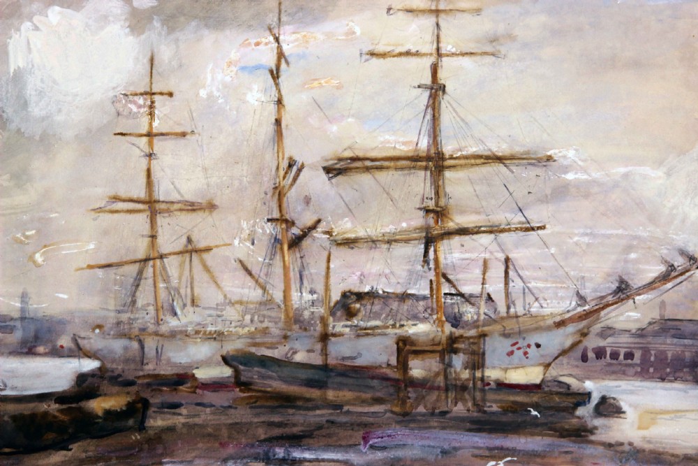 An Edwardian watercolour painting depicting masted sailing ships docked along the shoreline at Yarmouth harbour, rendered in muted sepia and grey tones. View IV