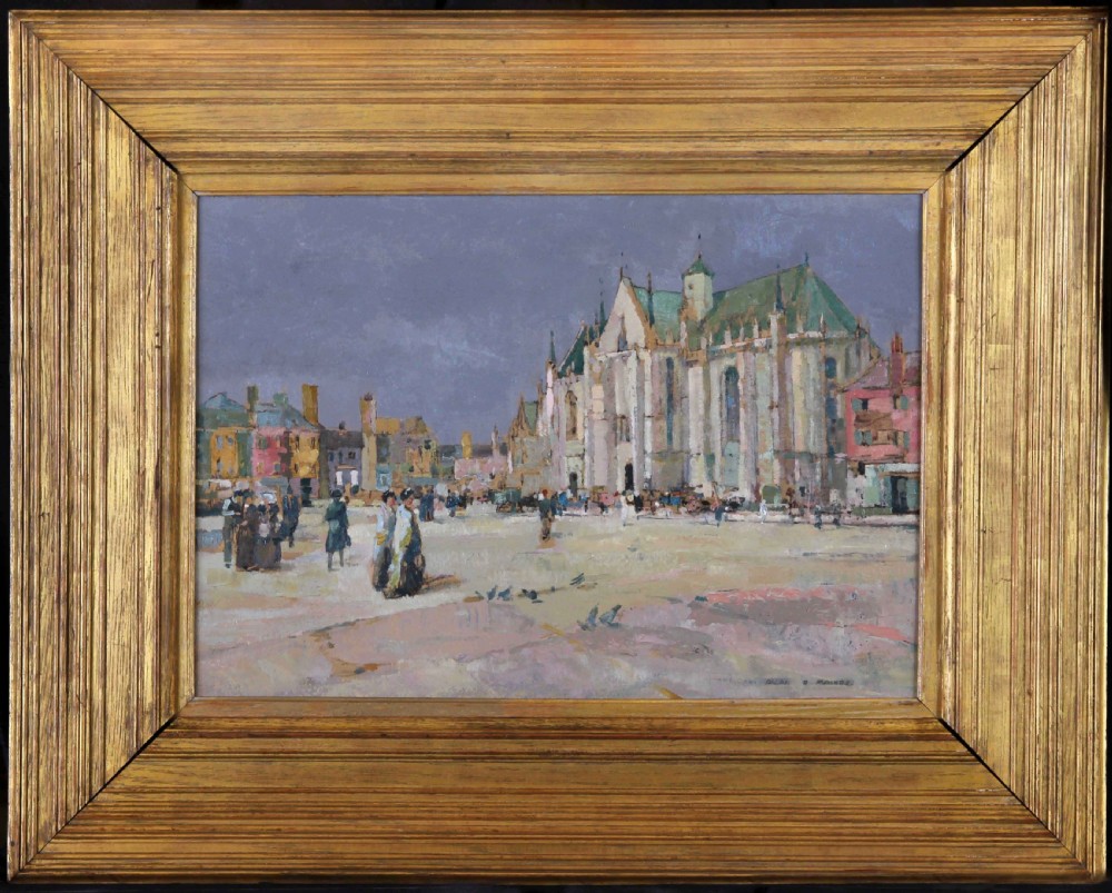 An oil painting depicting a bustling French cathedral square with figures, set inside a heavy fluted gilt frame.