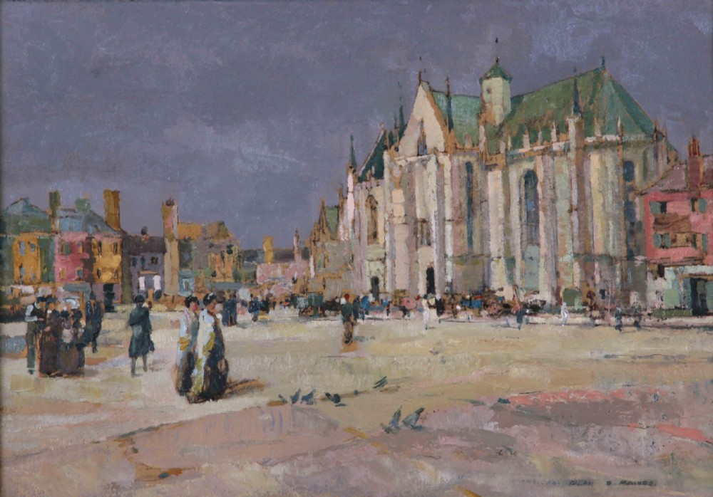 An oil painting depicting a bustling French cathedral square with figures, set inside a heavy fluted gilt frame. View II
