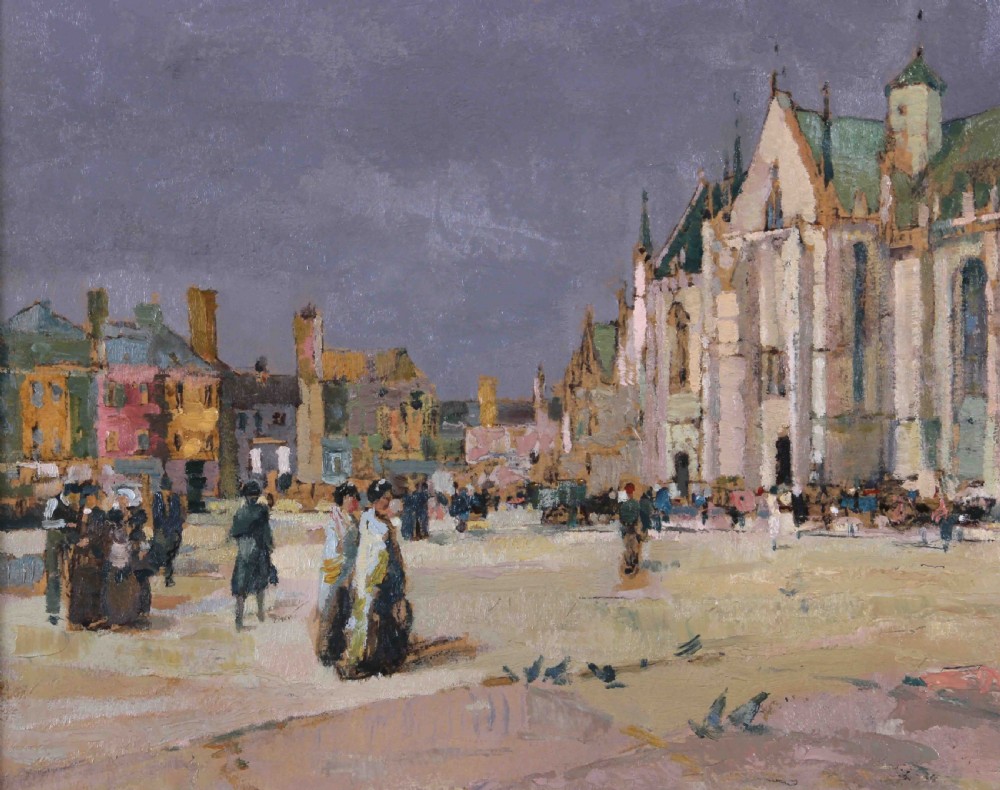 An oil painting depicting a bustling French cathedral square with figures, set inside a heavy fluted gilt frame. View III