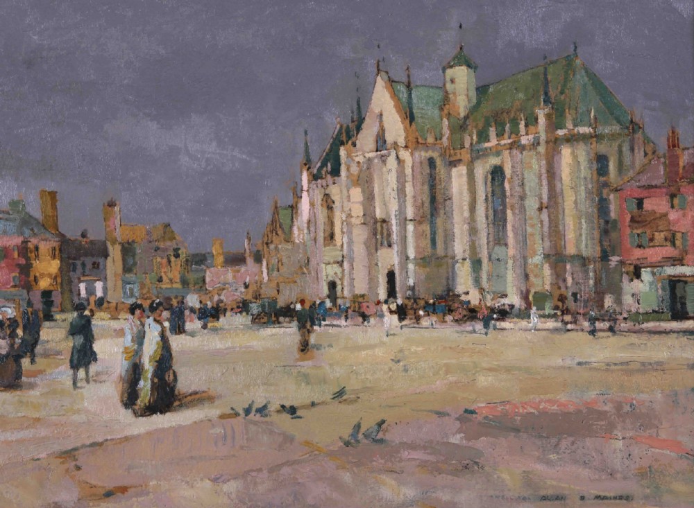 An oil painting depicting a bustling French cathedral square with figures, set inside a heavy fluted gilt frame. View IV