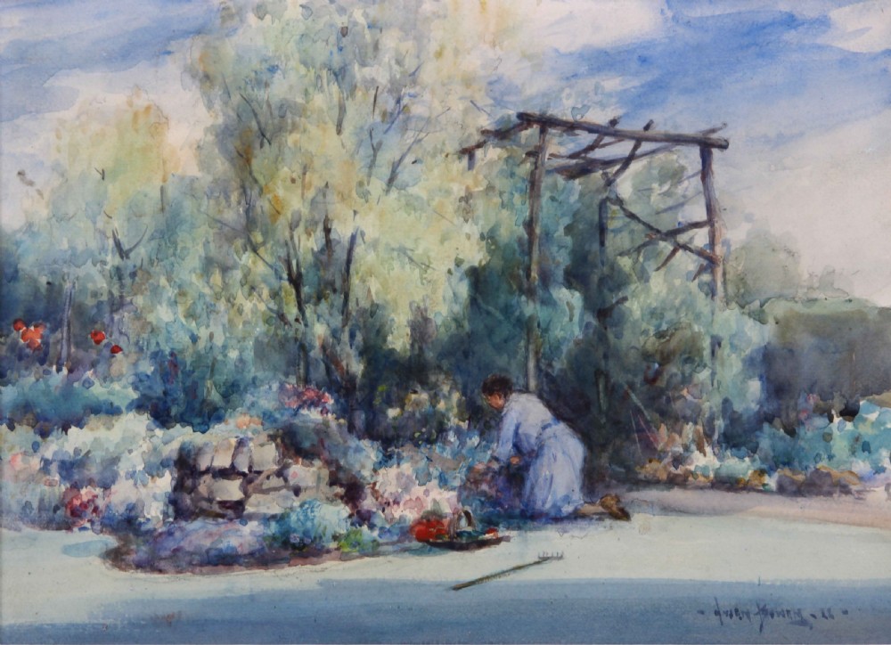 An impressionistic watercolour painting depicting a figure tending a garden beneath a timber pergola surrounded by foliage.