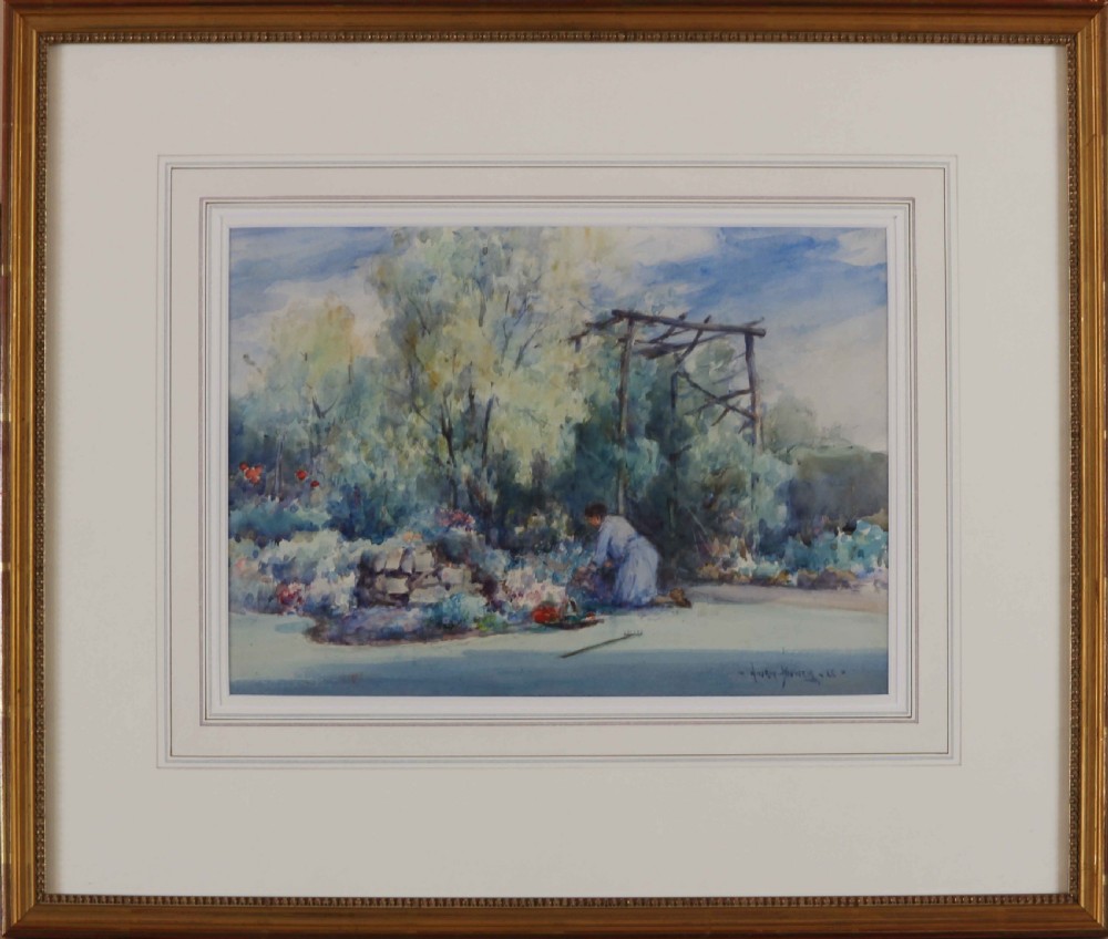 An impressionistic watercolour painting depicting a figure tending a garden beneath a timber pergola surrounded by foliage. View II