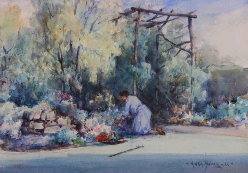 An impressionistic watercolour painting depicting a figure tending a garden beneath a timber pergola surrounded by foliage. View IV
