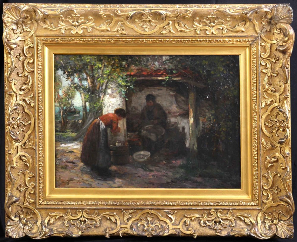 An antique oil painting depicting Scottish fisher folk outside a coastal dwelling, framed in an ornate carved gold gilt wood frame.