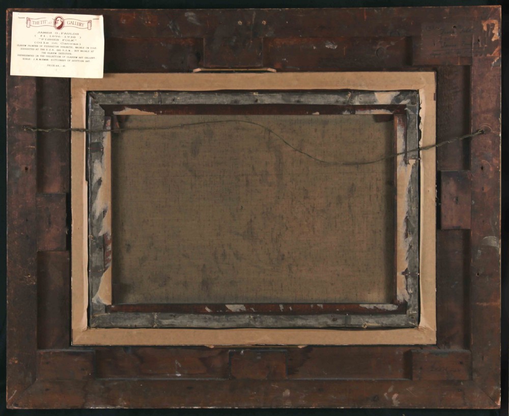 An antique oil painting depicting Scottish fisher folk outside a coastal dwelling, framed in an ornate carved gold gilt wood frame. View VII