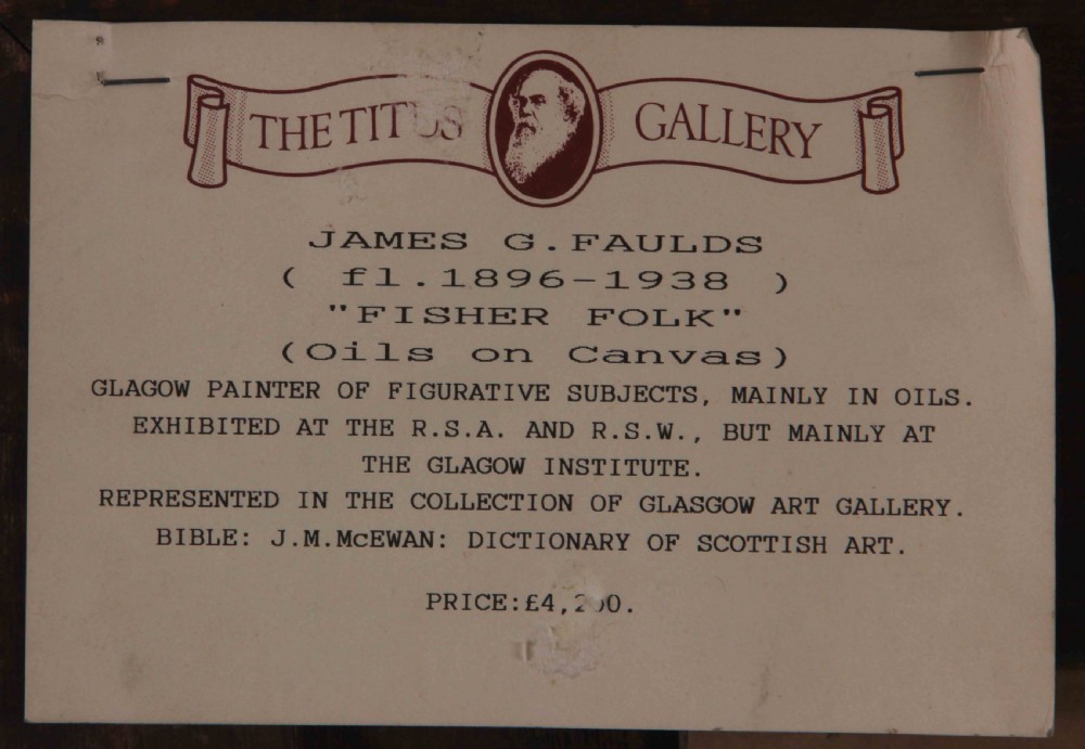 An antique oil painting depicting Scottish fisher folk outside a coastal dwelling, framed in an ornate carved gold gilt wood frame. View VIII