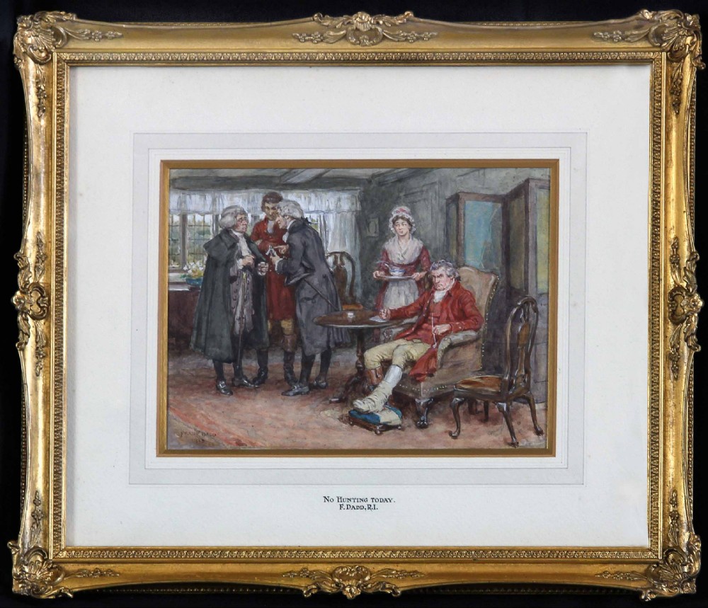 An antique narrative watercolour painting depicting eighteenth-century figures indoors, presented inside a carved gilt frame with a white mount.