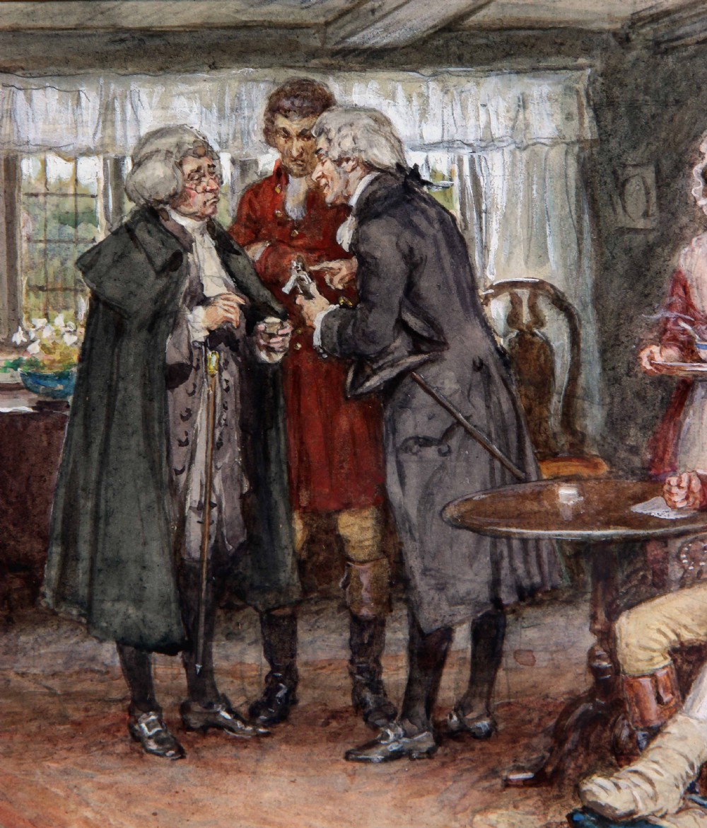 An antique narrative watercolour painting depicting eighteenth-century figures indoors, presented inside a carved gilt frame with a white mount. View IV