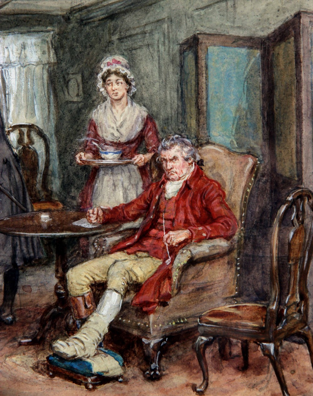 An antique narrative watercolour painting depicting eighteenth-century figures indoors, presented inside a carved gilt frame with a white mount. View V