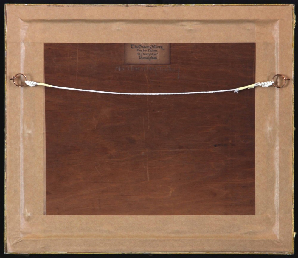 An antique narrative watercolour painting depicting eighteenth-century figures indoors, presented inside a carved gilt frame with a white mount. View VI