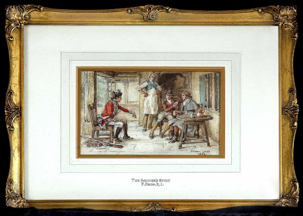 A pair of framed British watercolour paintings depicting a horse-drawn stagecoach scene and a soldier recounting a story inside an inn, both set in ornate gilt frames. View II