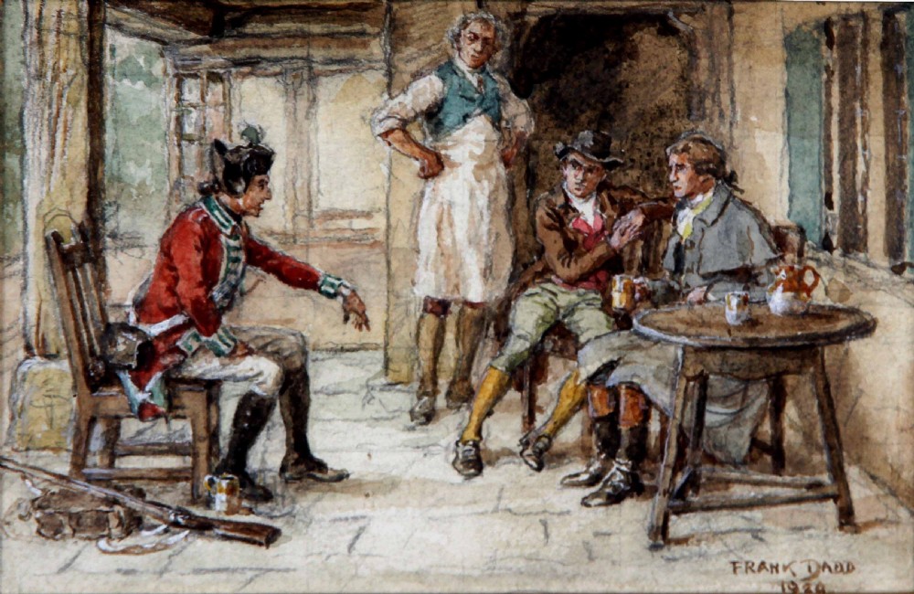 A pair of framed British watercolour paintings depicting a horse-drawn stagecoach scene and a soldier recounting a story inside an inn, both set in ornate gilt frames. View III