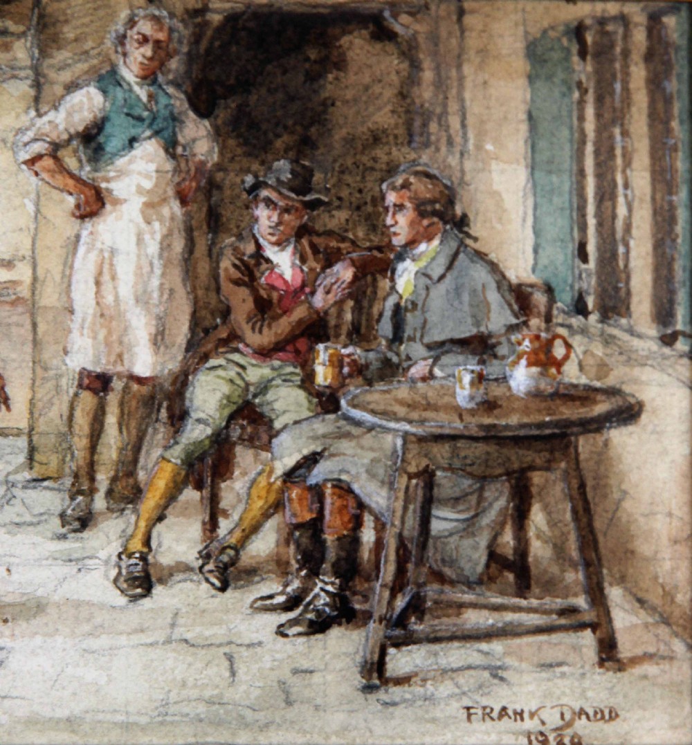 A pair of framed British watercolour paintings depicting a horse-drawn stagecoach scene and a soldier recounting a story inside an inn, both set in ornate gilt frames. View VI
