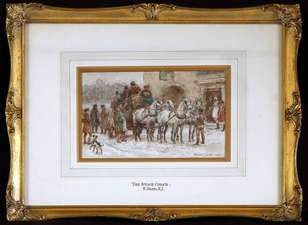 A pair of framed British watercolour paintings depicting a horse-drawn stagecoach scene and a soldier recounting a story inside an inn, both set in ornate gilt frames. View VIII