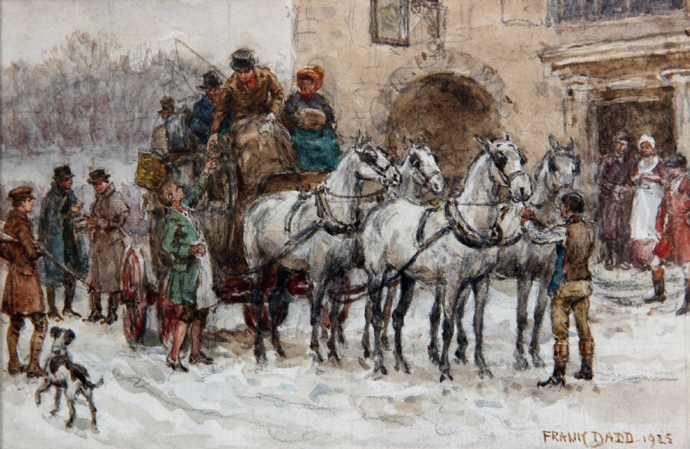 A pair of framed British watercolour paintings depicting a horse-drawn stagecoach scene and a soldier recounting a story inside an inn, both set in ornate gilt frames. View X