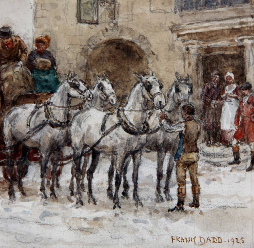 A pair of framed British watercolour paintings depicting a horse-drawn stagecoach scene and a soldier recounting a story inside an inn, both set in ornate gilt frames. View XI