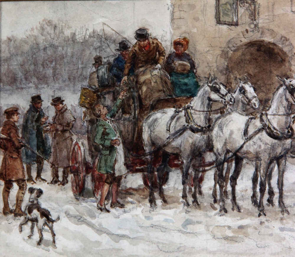 A pair of framed British watercolour paintings depicting a horse-drawn stagecoach scene and a soldier recounting a story inside an inn, both set in ornate gilt frames. View XII